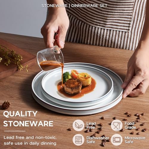 Onader Dinnerware Dishes Sets for 8, Stoneware Plates and Bowls with Unglazed Terracotta Bottom, Ceramic Kitchen Dinner Dish Set, 24 Piece - Glacier White - Image 3
