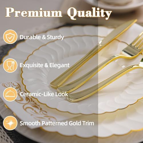 Lullaby 140PCS Ivory Scalloped Plastic Plates Set for Party (20 Guests) - Image 4