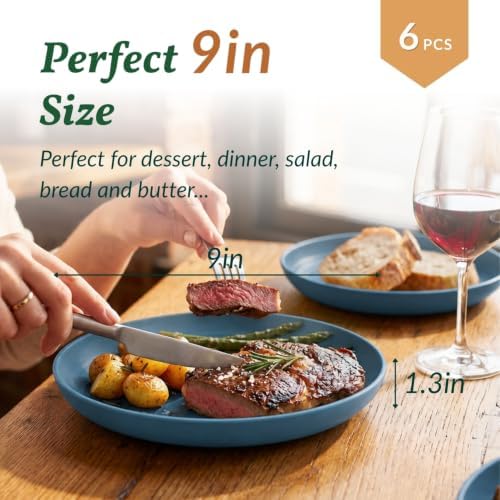 Homienly Salad Plates Wheat Straw Plates Set 6 PCS Unbreakable Kitchen Plates for Cake,Pizza Microwave & Dishwasher Safe Deep Plates 9 Inch Reusable Plastic Plates for Picnic,Party,RV (Blue) - Image 2