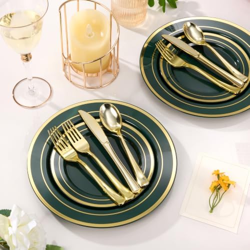 BESTVIP 600 Pcs Green Plastic Dinnerware Set with Gold Trim for 100 Guests,200 Green Plastic Plates with Gold Trim, 200 Gold Forks, 100 Spoons, 100 Knives for Party, Wedding, Birthday & Christmas - Image 2