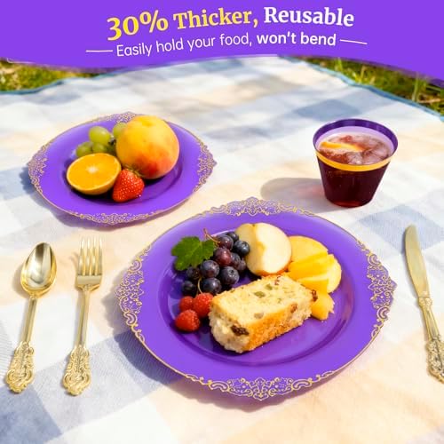 AIRE Purple Gold Plastic Plates Set, 175PCS Disposable Dinnerware for 25 - Image 5