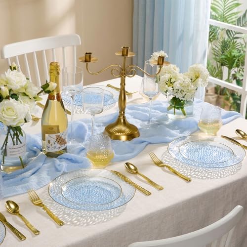 realluck 100Pcs Clear Blue Plastic Plates with Gold Rim - Image 3
