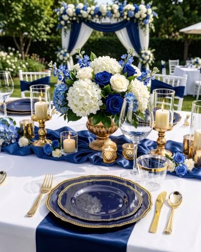 Hioasis 350 Pcs Blue and Gold Plastic Plates for Wedding & Party - Image 2