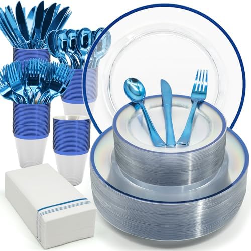 AIRE Blue Gold Plastic Plates Set, 350PCS Disposable Tableware for 50 by AIRE