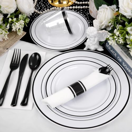 WELLIFE 350Pcs Black Plastic Dinnerware with Pre Rolled Napkins, Include:50 Dinner Plates, 50 Dessert Plates, 50 Paper Napkins, 50 Cups, 150 Plastic Cutlery - Image 5
