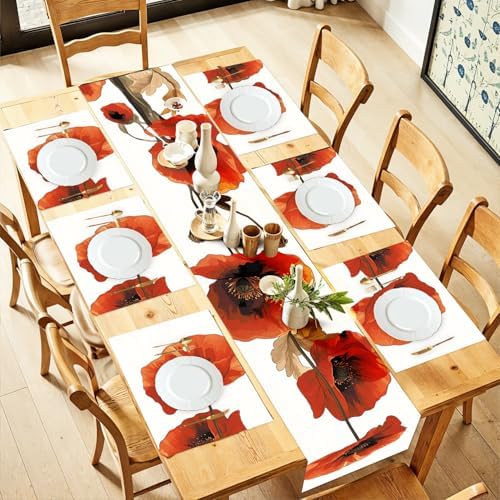 ANNA QUEEN Red Poppy Floral Table Runner and Placemats Set of 6, 13"x72" Table Runner with 12"x18" Washable Placemats, Bold Flower Dining Table Decor for 4 to 6 People Kitchen Decoration by ANNAQUEEN