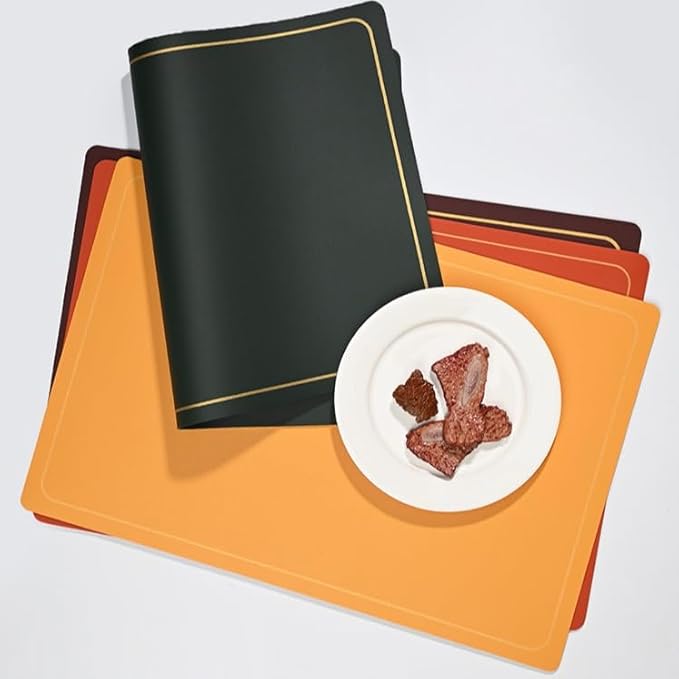 PU Leather Placemats Set of 4 - Waterproof Heat Resistant Dining Table Mats - Minimalist Non-Slip Coasters for Plates & Bowls 18x12 Inches (Black)