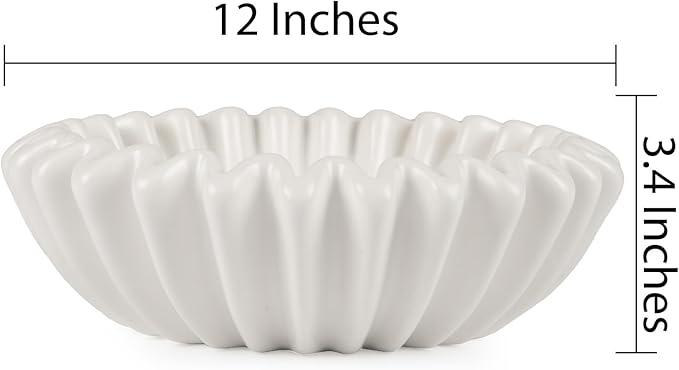 Ceramic Fruit Bowl for Kitchen Counter Large Ivory Decorative Bowl Modern Home Decor 12 Inches Key Bowl Ruffle Fluted Scalloped Bowl