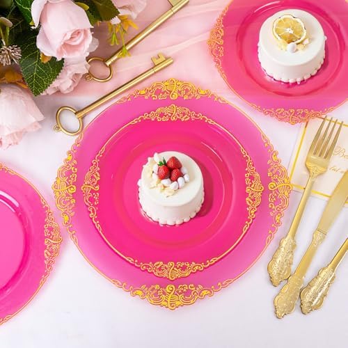125PCS Clear Hot Pink Plastic Plates for Wedding Party Birthday - Image 4