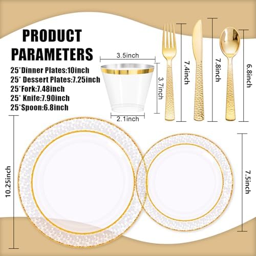 Ciaell 150PCS Clear Gold Plastic Plates - Disposable Gold Rim Plates include 25Dinner Plate, 25Dessert Plate, 25Forks, 25Knives, 25Spoons, 25Cups for Wedding & Party (Pack of 2) - Image 2