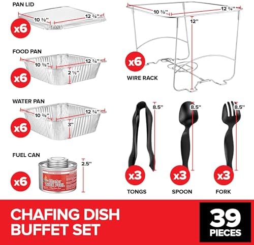 Complete Chafing Dish Buffet Set (39pc) Disposable Catering Supplies- Includes Serving Utensils, 6hr Fuel cans, 6 Half Size Chafing Pans & Wire Racks- Premium Party Food Warmer Trays - Image 2