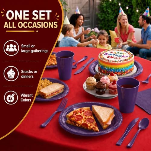 350 Pcs Purple Plastic Plates for Party Purple Disposable Plates Set 50 of Each 9 Dinner Plate Set 7 Dessert Plate Cups Napkins & Cutlery Plastic Dinnerware Set Exquisite - Image 6