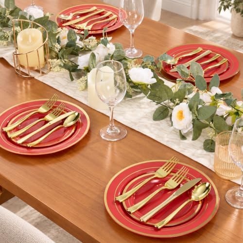 600 Pcs Red Plastic Dinnerware Set with Gold Trim for 100 Guests,200 Red Plastic Plates with Gold Trim, 200 Forks, 100 Spoons, 100 Knives for Party, Wedding, Birthday & Christmas - Image 7
