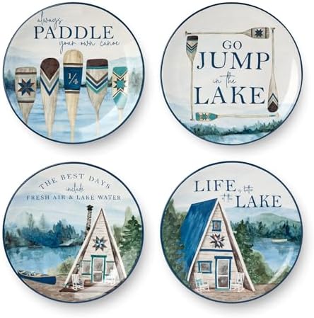 Wake at the Lake 9-Inch Dessert Plates, Set of 4, Lakeside-Inspired Designs with Water Scenes & Cabins, Durable Ceramic, Dishwasher Safe, Charming Tableware for Desserts, Snacks & Appetizers by CERTIFIEDINTERNATIONAL