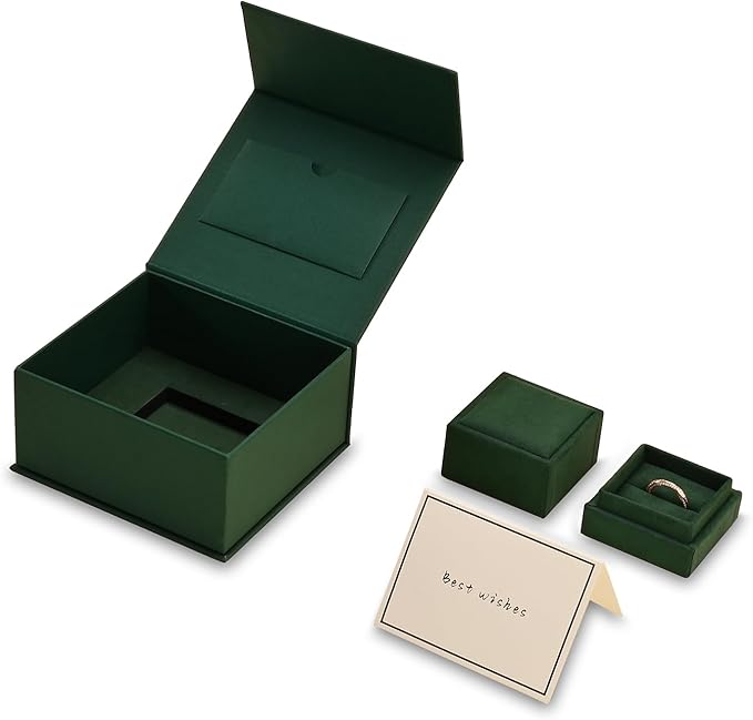 Oirlv Ring Gift Box with Lid Green Magnetic Boxes for Wedding Proposal Gift Birthday Present with Card(Green)