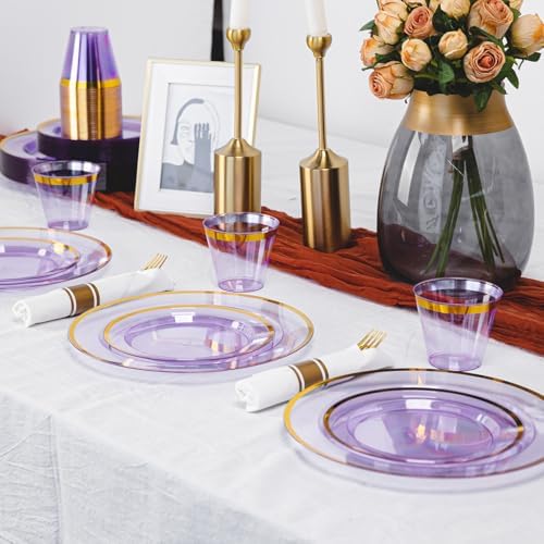 N9R 350PCS Purple Gold Plastic Plates, Disposable Dinnerware Set for Party - Image 5