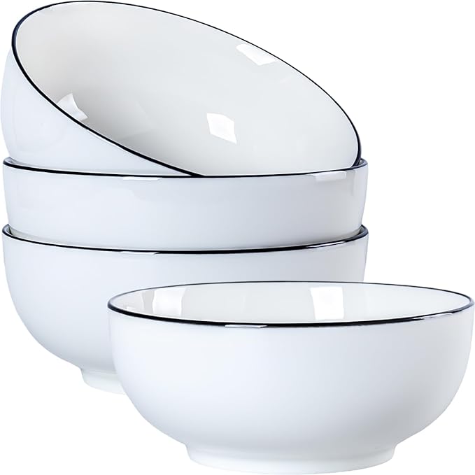 40 oz Large Soup, Ramen, Pho, Noodle, and Salad Bowl Set of 4, Rimmed 7 in White Ceramic Bowls, Versatile & Microwave Safe