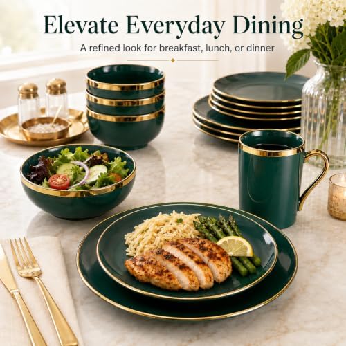 Green and Gold Dinnerware Set for 4, 16-Piece Porcelain - Image 7