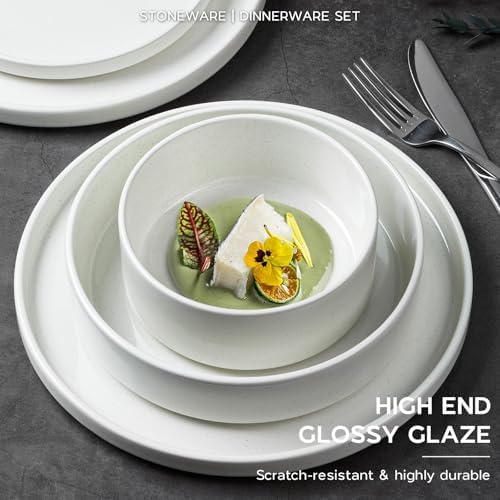 Stoneware Dinnerware Sets for 4 with Pasta Bowl, Onader 16 Piece Plates and Bowls Dish Set, Speckled Kitchen Dishware Dining Ware, Microwave & Dishwasher Safe - Cloud White - Image 4