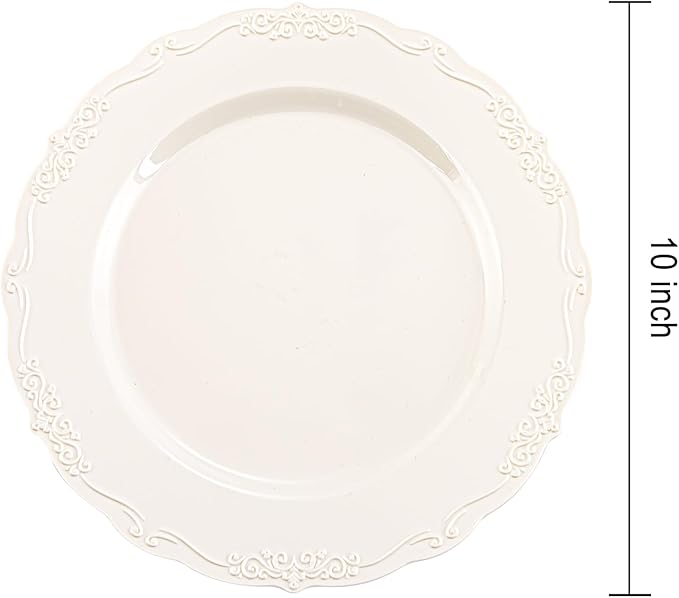 DaYammi 60PCS Ivory Plastic Plates, Fancy Plastic Plates Disposable Heavy Duty Disposable Plates Premium 10inch Ivory Dinner Platos Hard Plastic Platos Disposable for Party Wedding Bridal Shower