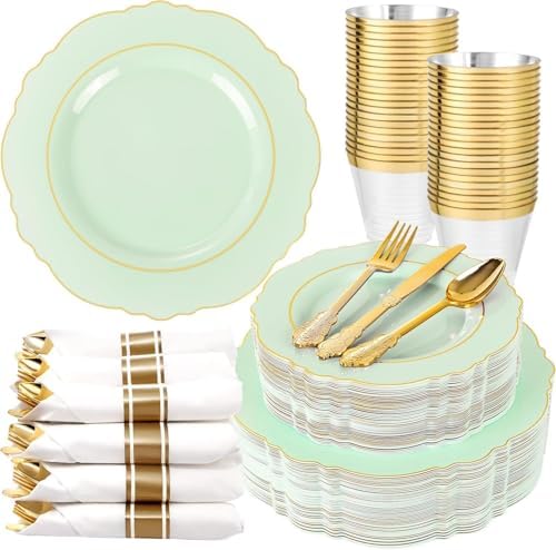 Liacere 175PCS Light Green Plates - Disposable Green and Gold - 25guest Baroque Dinnerware include 50Plates,25Pack Pre Rolled Napkins with Silverware 25Cups for Wedding ＆ Party & Spring by Liacere