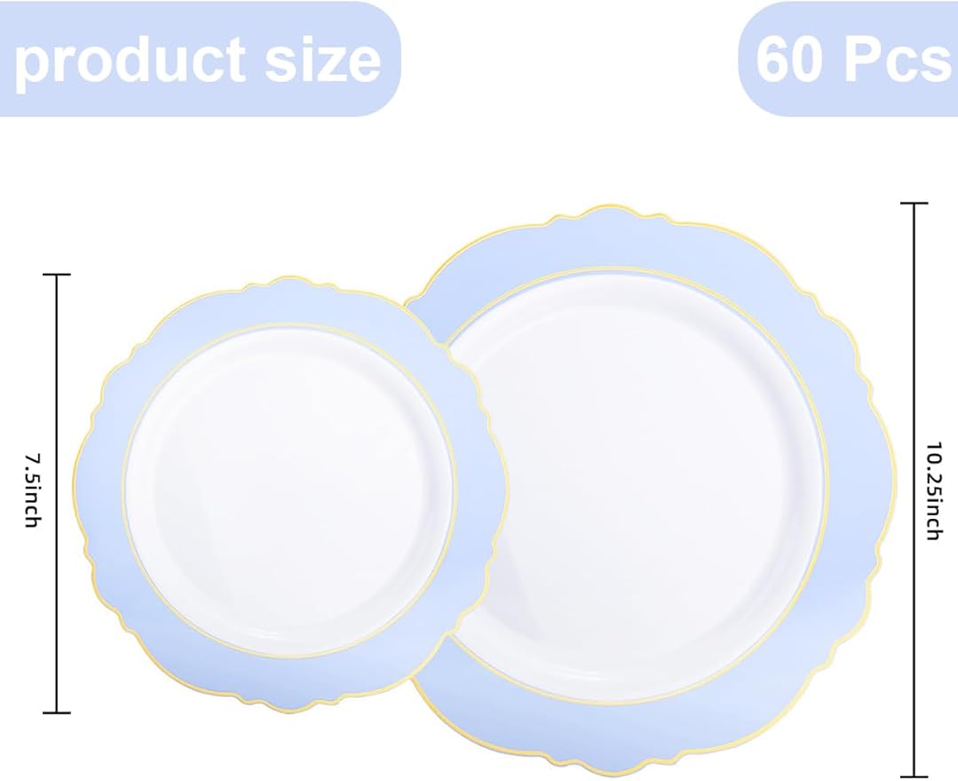 WDF 60pcs Blue Plates Disposable With Gold Rim - Baroque Baby Blue Plastic Party Plates for Wedding/Party/Baby Shower