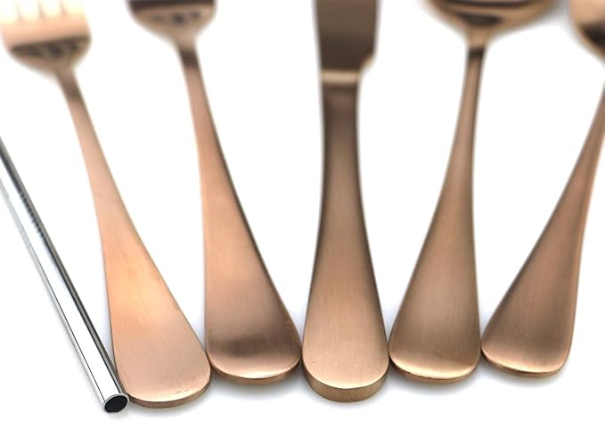 JASHII Modern Royal 5 Pcs Matte Rose Gold 18/10 Stainless Steel Utensils Cutlery Dinnerware Set w/Straw, Knife Fork and Spoon Flatware Set for Wedding Festival Christmas Party Service for 1