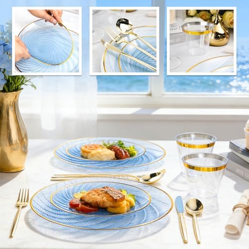 N9R 180PCS Blue and Gold Plastic Plates Disposable, Spiral Dinnerware Set - Image 5