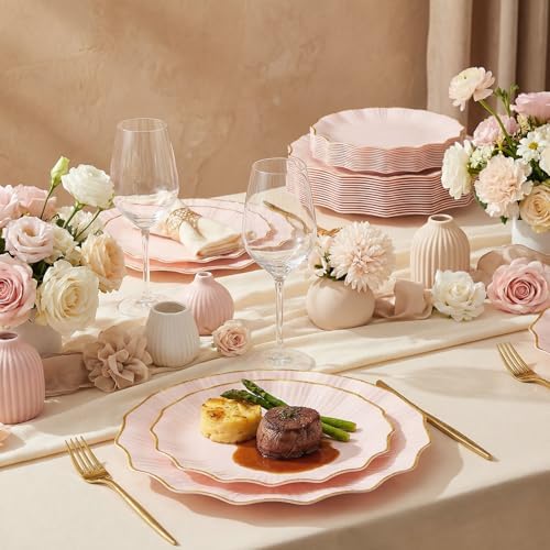 Rubtlamp 60Pcs Pink Plastic Plates - Pink Scalloped Plates with Gold Trim - 30 Dinner & 30 Dessert Platos, Heavy-duty Gold Plates for Party, Wedding&Mother’s Day (30 Guests) - Image 6