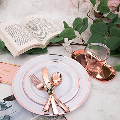 WELLIFE 350 Pieces Rose Gold Plastic Dinnerware, 50 Guests Disposable Plates with Rose Gold silverware and Cups, 50 Pre Rolled Napkins with Cutlery, Perfect for Wedding and Party - Image 6