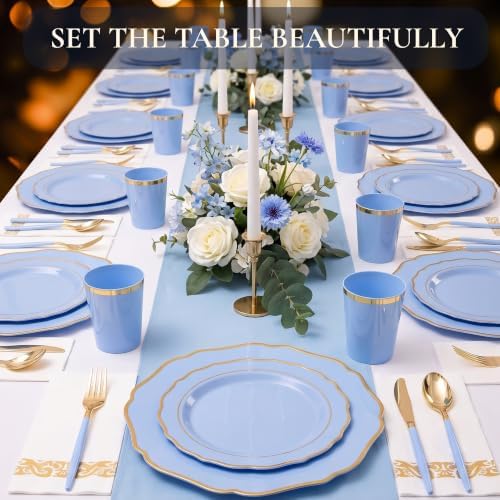 Baby Blue & Gold Disposable Plates Dinnerware Set for 25 Guests, 175-Pc Heavy Duty Plastic Plates, 10 oz Cups, Cutlery & Napkins, BPA-Free Party Supplies for Baby Shower, Wedding & Birthday - Image 3