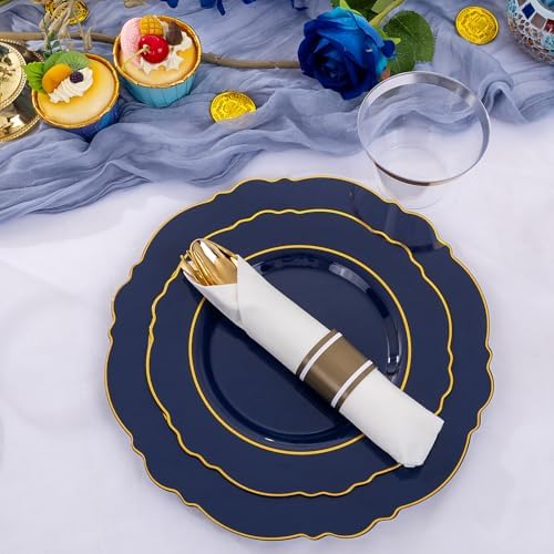 Liacere 175PCS Navy Blue Plastic Plates-Disposable Blue Gold - 25guest Baroque Plastic Dinnerware include 50Plates,25Pack Pre Rolled Napkins with Silverware 25Cups for Party & Wedding & Labor Day - Image 6