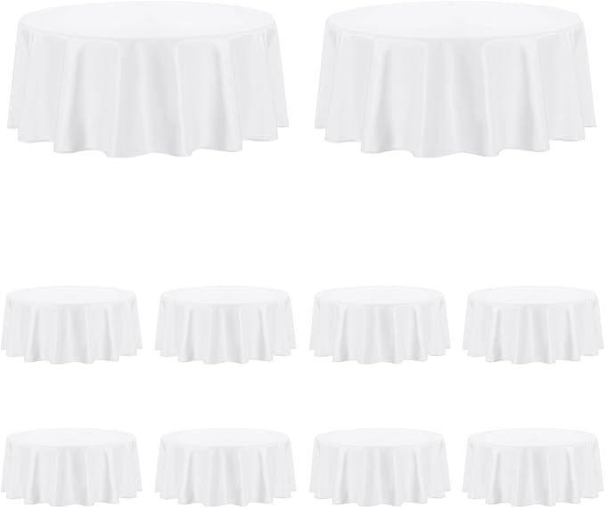 PureFit 10 Pack Round White Table Cloths 90 Inch for Round Tables, Stain and Wrinkle Resistant Table Linens for Home Use, Wedding, Party, Banquet and Camping