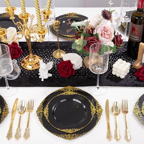 125PCS Black and Gold Plastic Plates for Wedding Party Halloween - Image 3