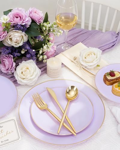 bUCLA 150PCS Purple Plastic Plates - Light Purple and Gold Disposable - Include 25 Each (Dinner & Dessert) lavender Plates, 25 Knives, 25 Forks, 25 Spoons & 25 Cups for Party, Birthday & Wedding - Image 3