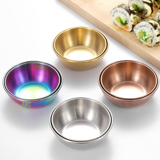 12 Pack Stainless Steel Sauce Dishes, Rainbow Mini Saucers Bowl Round Seasoning Dishes Sushi Dipping Bowl Appetizer Plates, 3.15inch
