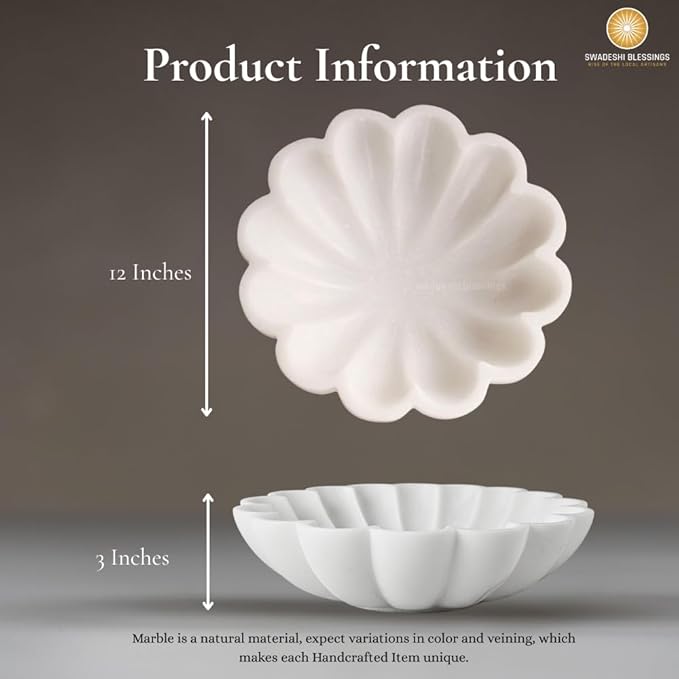 SWADESHI BLESSINGS HandCrafted Marble Decorative Bowl | White Ruffle Scalloped Fluted Key/Fruit Ring Dish | Organic Modern Home Decor (12 Inches)