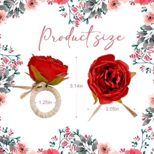 Red Flower Napkin Rings Set of 8, Handmade Peony Napkin Holder Floral Rings with Jute Bow Buckles for Summer, Wedding, Banquet, Birthday, Christmas, Valentine's, Thanksgiving Table Decoration - Image 6