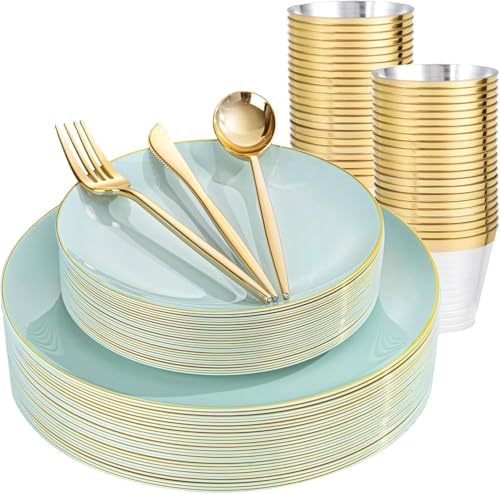 bUCLA 150PCS Green Plastic Plates - Sage Green with Gold Rim Disposable - Include 25 (Dinner & Dessert) Plates, 25 Knives, 25 Forks, 25 Spoons and 25 Cups for Party, Birthday & Spring by BUCLA
