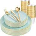 bUCLA 150PCS Green Plastic Plates - Sage Green with Gold Rim Disposable - Include 25 (Dinner & Dessert) Plates, 25 Knives, 25 Forks, 25 Spoons and 25 Cups for Party, Birthday & Spring by BUCLA