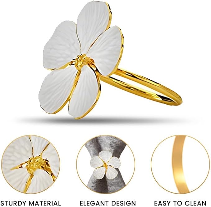 Decozen White Gold Napkin Rings Set of 8 White Gold Napkin Rings in Floral Design Festive Table Decor Setting for Holiday Wedding Birthday Kitchen Home Decor Housewarming Gift