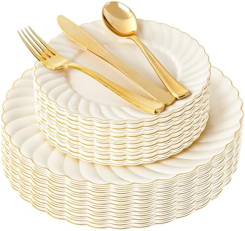 YOUBET 125PCS Ivory Scalloped Plastic Plates for Party Wedding by YOUBET