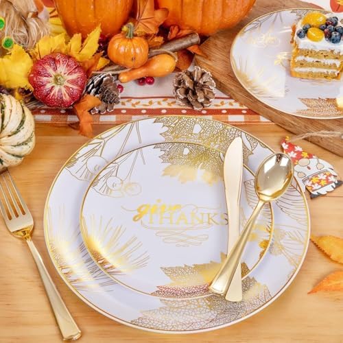 125PCS Thanksgiving Plastic Plates - Gold Disposable Dinnerware Sets - Thanksgiving Maple leaf Plates with Silverware for 25 Guests for Autumn Harvest Party Decor - Image 4