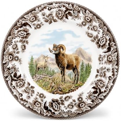 Spode Woodland Bighorn Sheep Salad Plate - 8" Fine Earthenware, British Flowers Border, Rustic Game Animal Design Made in England - Microwave, Oven, Freezer, Dishwasher Safe for Holiday Dining by Spode