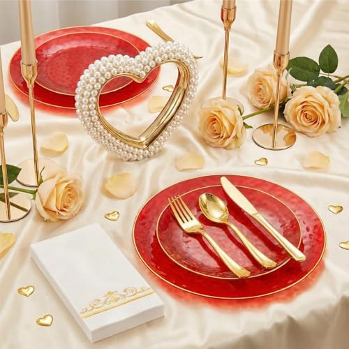 150 Pcs Red Plastic Dinnerware Set, Disposable Plates for 25 Guests - Image 5