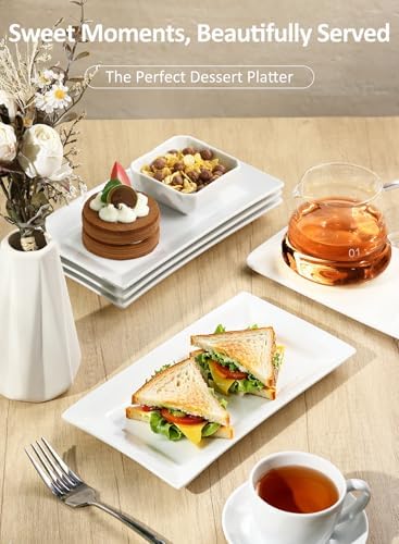 Porcelain Rectangular Dinner Platters, 9.75 Inch Rectangle Serving Plates for Sushi, Snacks, Cake, Meat & Appetizers, Set of 4, Elegant White Design - Image 5