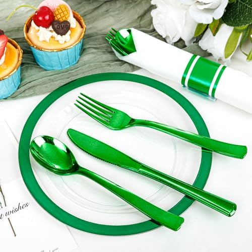 I00000 210Pcs Green Plastic Plates Set, Disposable Dinnerware Set for Party - Image 3