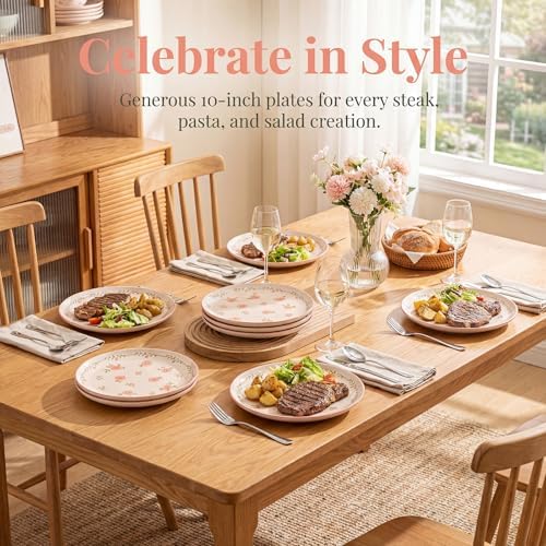 Romantic Pink Peach Blossom Ceramic Dinner Plates, Set of 6, 10.25-Inch Large Serving Plates for Kitchen, Microwave, Oven & Dishwasher Safe - Image 5