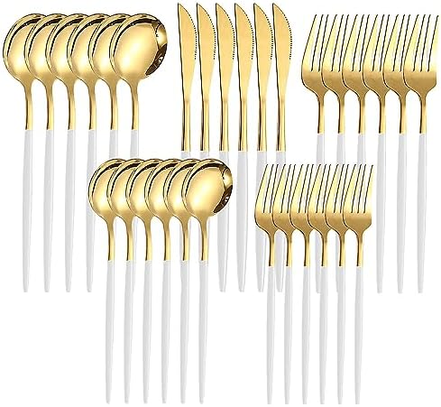 Kawlity Stainless Steel Serving Flatware Durable White & Gold Polished Knives Spoon Forks 30 Pcs Utensil Dinner Tableware, for Kitchen Dishwasher Adults and Children Ideal Gift by Kawlity