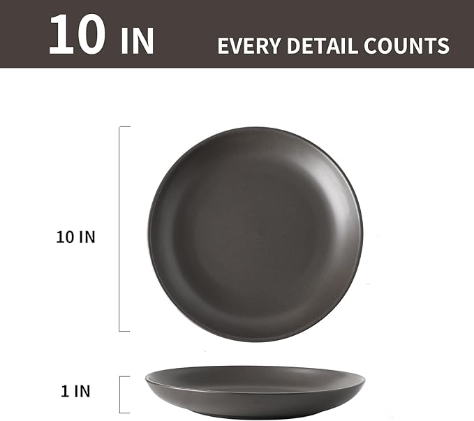Dinner Plates Set of 4, 10 Inch Ceramic Plates - Stoneware Dinnerware Set for Pancakes, Scratch Resistant Black Plates, Microwave Oven and Dishwasher Safe for Steak, Noodle, Kitchen